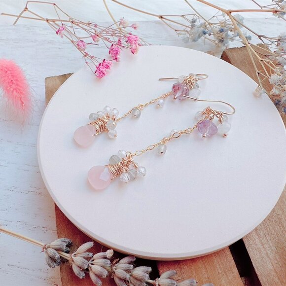 New Handmade Rose Quartz with Mini Gemstones Cluster Long Dangle Earrings - Picture 3 of 5